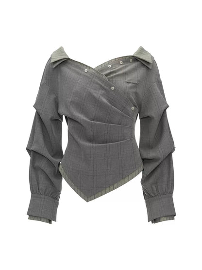 MAMC - Gray Textured Plaid Off-Shoulder Wrap Shirt