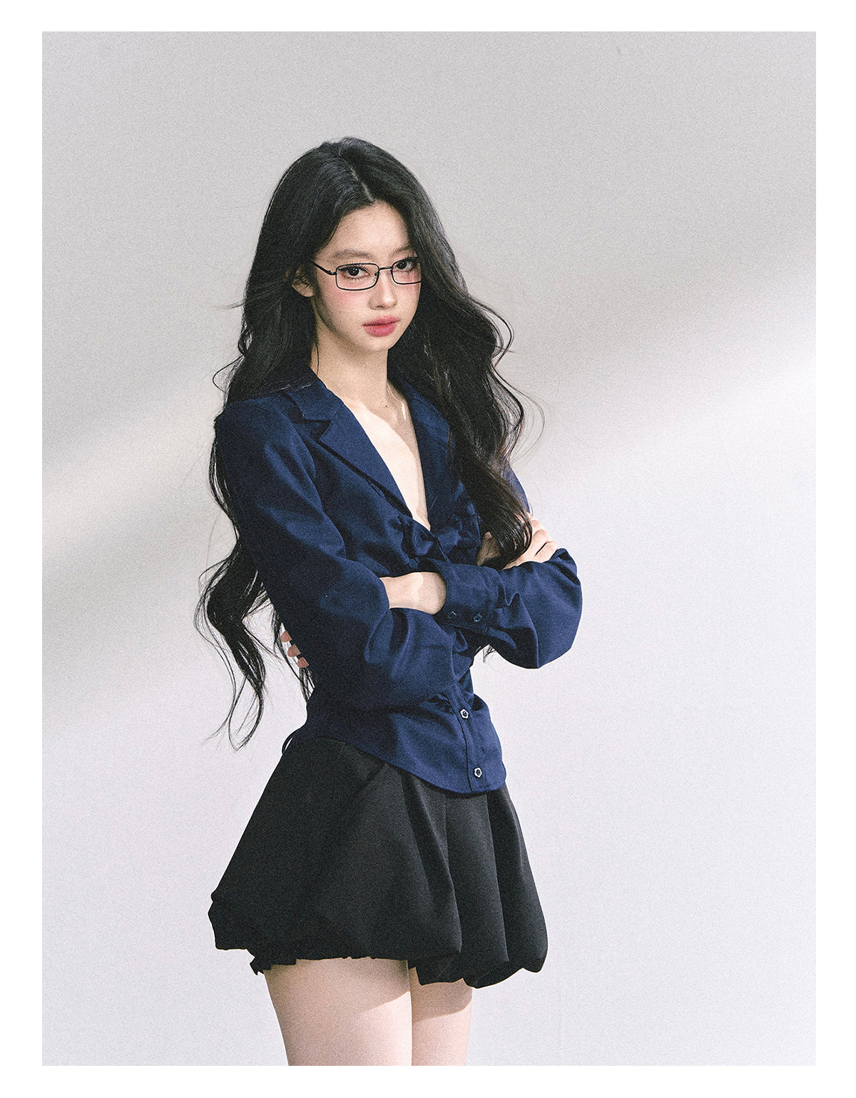 少也眼 "K-Drama White Moonlight" Soft Sophisticate Blouse - Navy Blue 486864