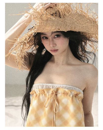 "Breeze Upon the Waves" Cheese Yellow Off-Shoulder Diamond Quilted Mini Dress