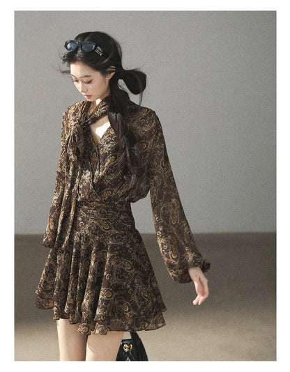 "Wait for a Tree of Blossoms" Cocoa Brown French Long-Sleeve Chiffon Dress (+ Camisole)