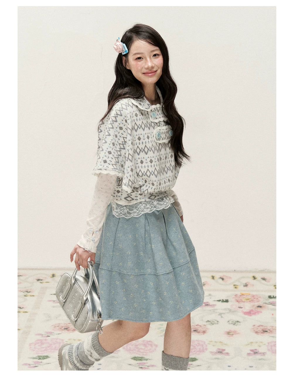 [RF] Mist Gray Argyle Jacquard Cropped Poncho-Style Pullover with Lace Trim