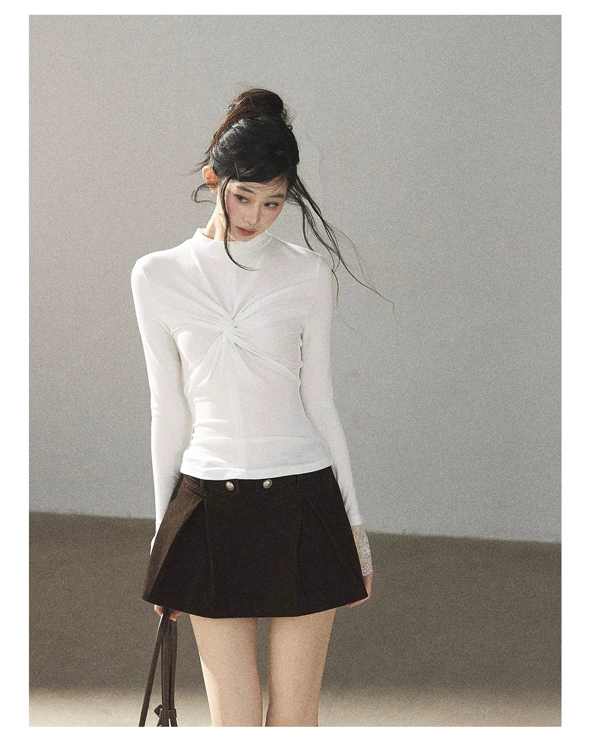 AOMALM - “Pleated Afterglow” Creamy Almond Twist-Front Mock Neck Long-Sleeve Top