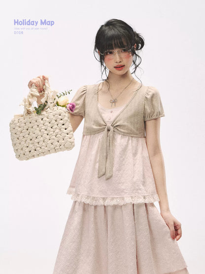"Sweetheart Pages" Blush Pink Bow Puff Sleeve Top & A-Line Skirt Set