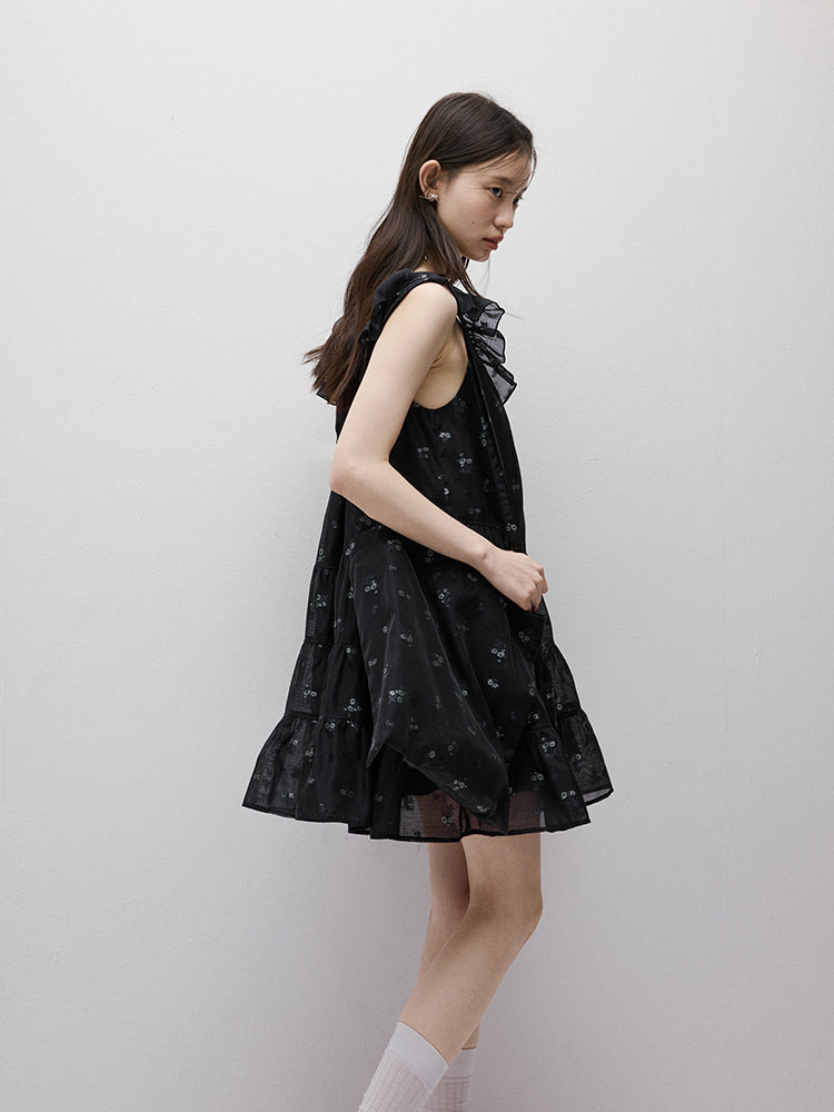 FUSSED Dropping Flora Burnout Floral Babydoll Dress – Dark Blue Short Version FOF-25SS036b