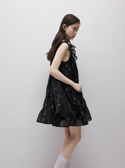 FUSSED Dropping Flora Burnout Floral Babydoll Dress – Dark Blue Short Version FOF-25SS036b