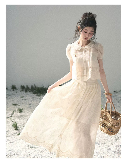 "Apricot Blossom After Rain" Dutch Cheese Lace Blouse & Maxi Skirt Set 532453