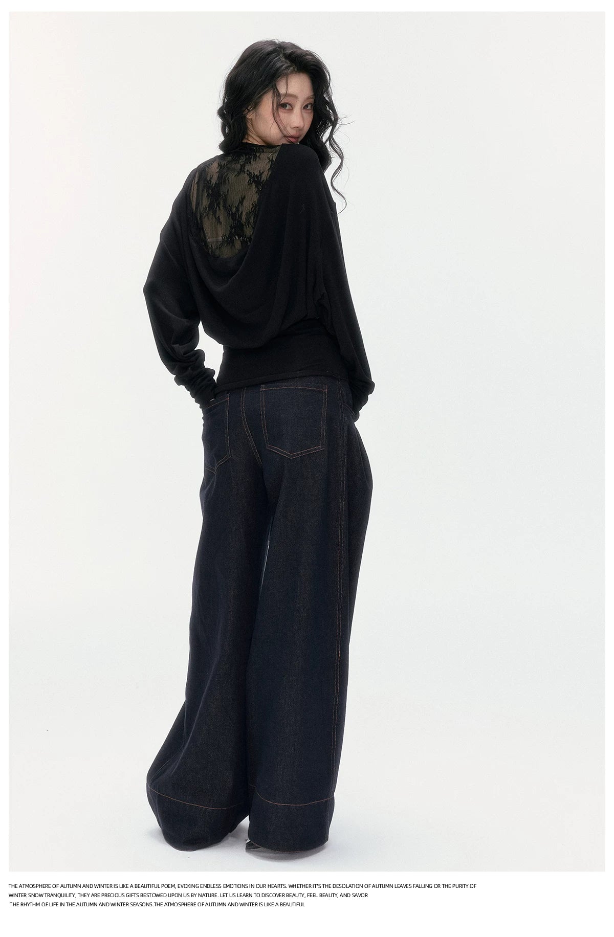 24olvides - Boat Neck Long Sleeve Top with Lace Open Back (Beige / Black)