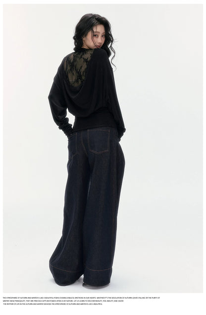 24olvides - Boat Neck Long Sleeve Top with Lace Open Back (Beige / Black)