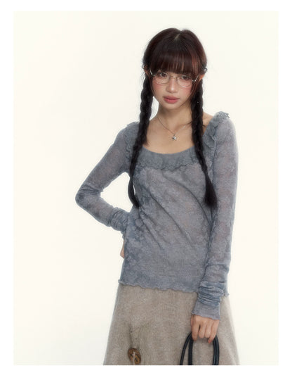 “Everyday Mist” Jacquard Lace Layering Top ( Ivory / Fog Gray )