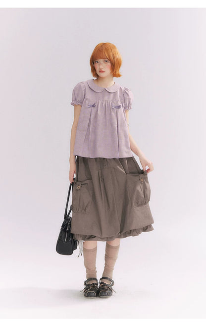 “Sweet & Cool Girl” Taupe Bow Drawstring High-Waist A-Line Cargo Skirt