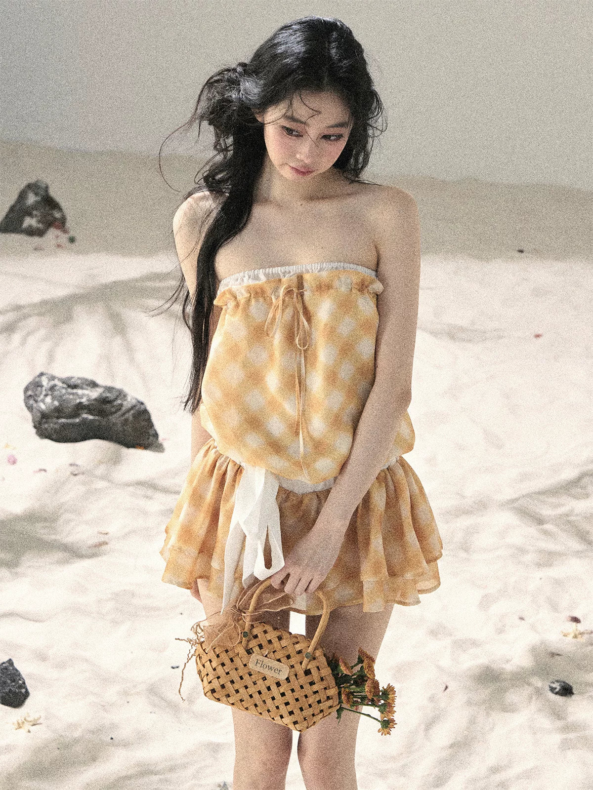 "Breeze Upon the Waves" Cheese Yellow Off-Shoulder Diamond Quilted Mini Dress