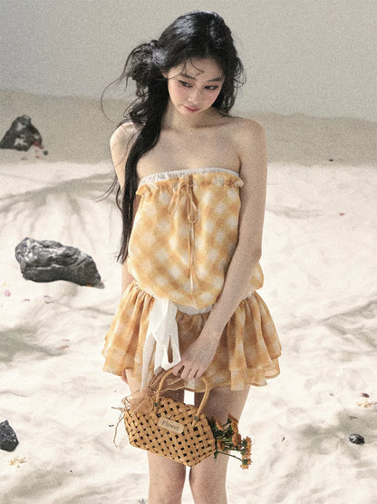 "Breeze Upon the Waves" Cheese Yellow Off-Shoulder Diamond Quilted Mini Dress