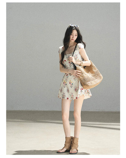 "Bloom Before Dawn" Dutch Cream Embroidered Floral Chiffon Mini Dress