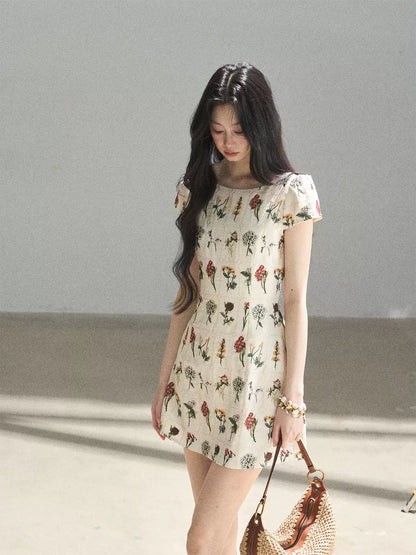 "Wildflower Daydream" Dutch Cream Embroidered Mini Dress - Short Sleeve 45684