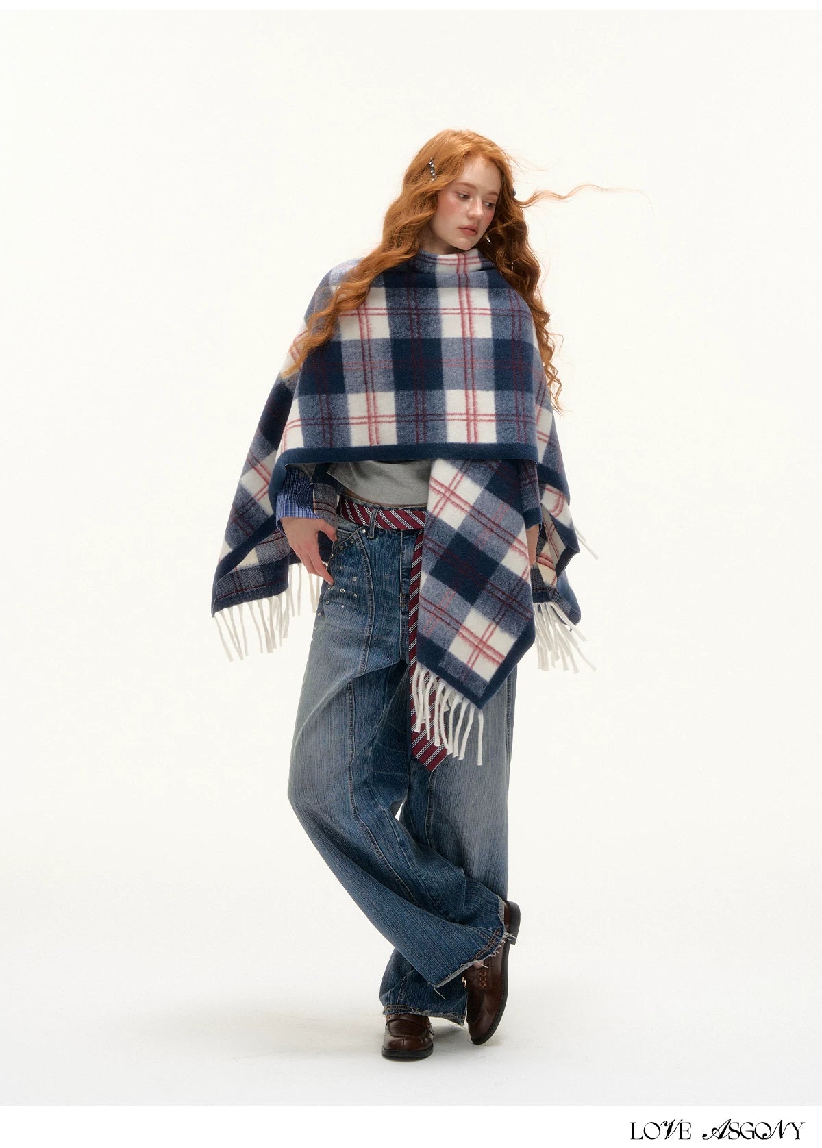 ASGONY - Navy Plaid Fringe Wrap Scarf