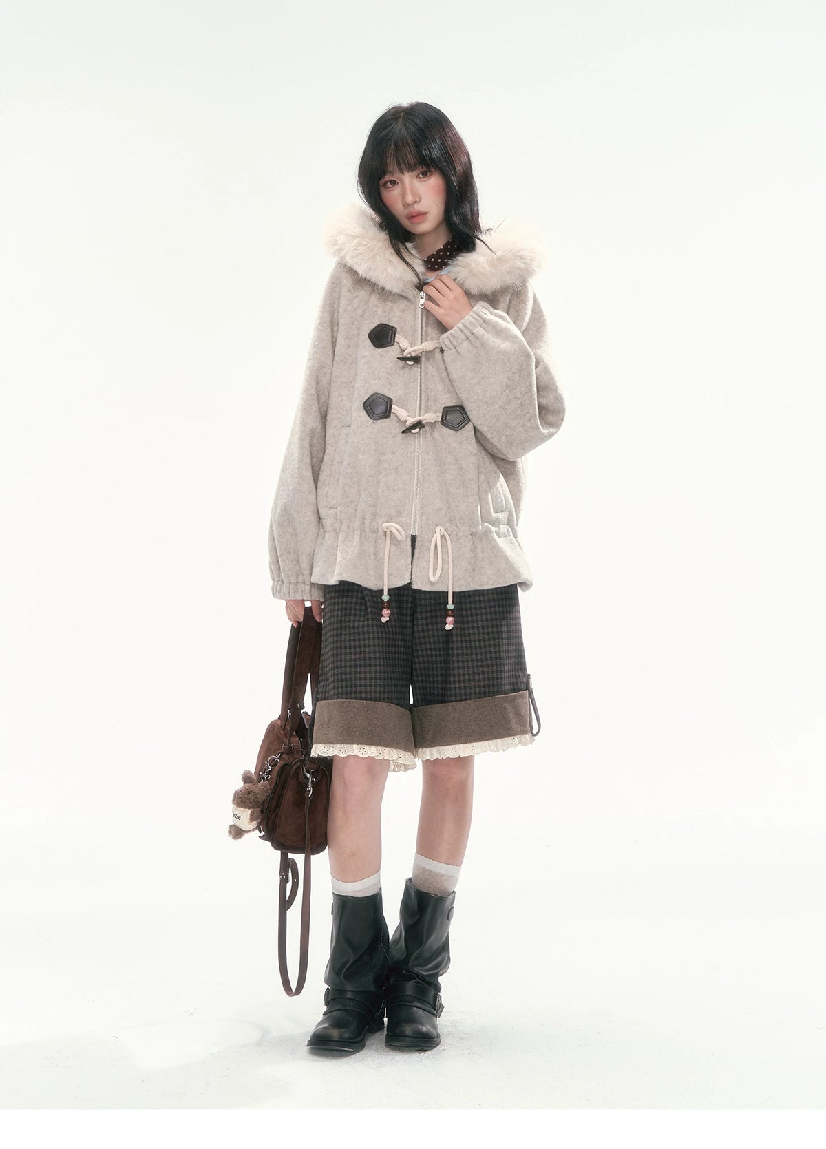 CAN - "Frosted Cloud Reverie" Beige Gray Detachable Faux-Fur Collar Wool-Blend Jacket