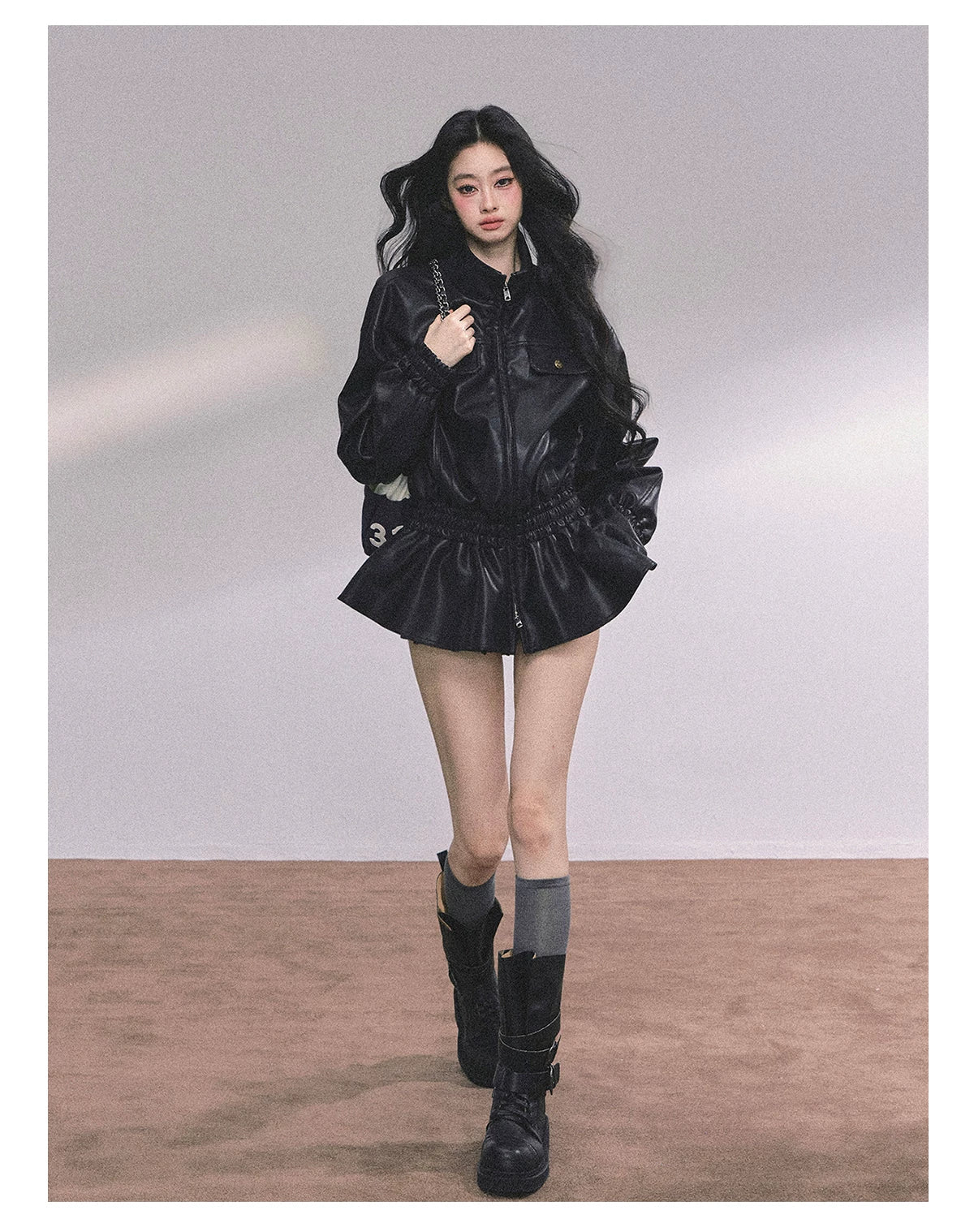 AOMALM - Burgundy PU Suede Jacket & A-Line Shorts Set