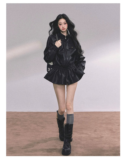 AOMALM - Burgundy PU Suede Jacket & A-Line Shorts Set