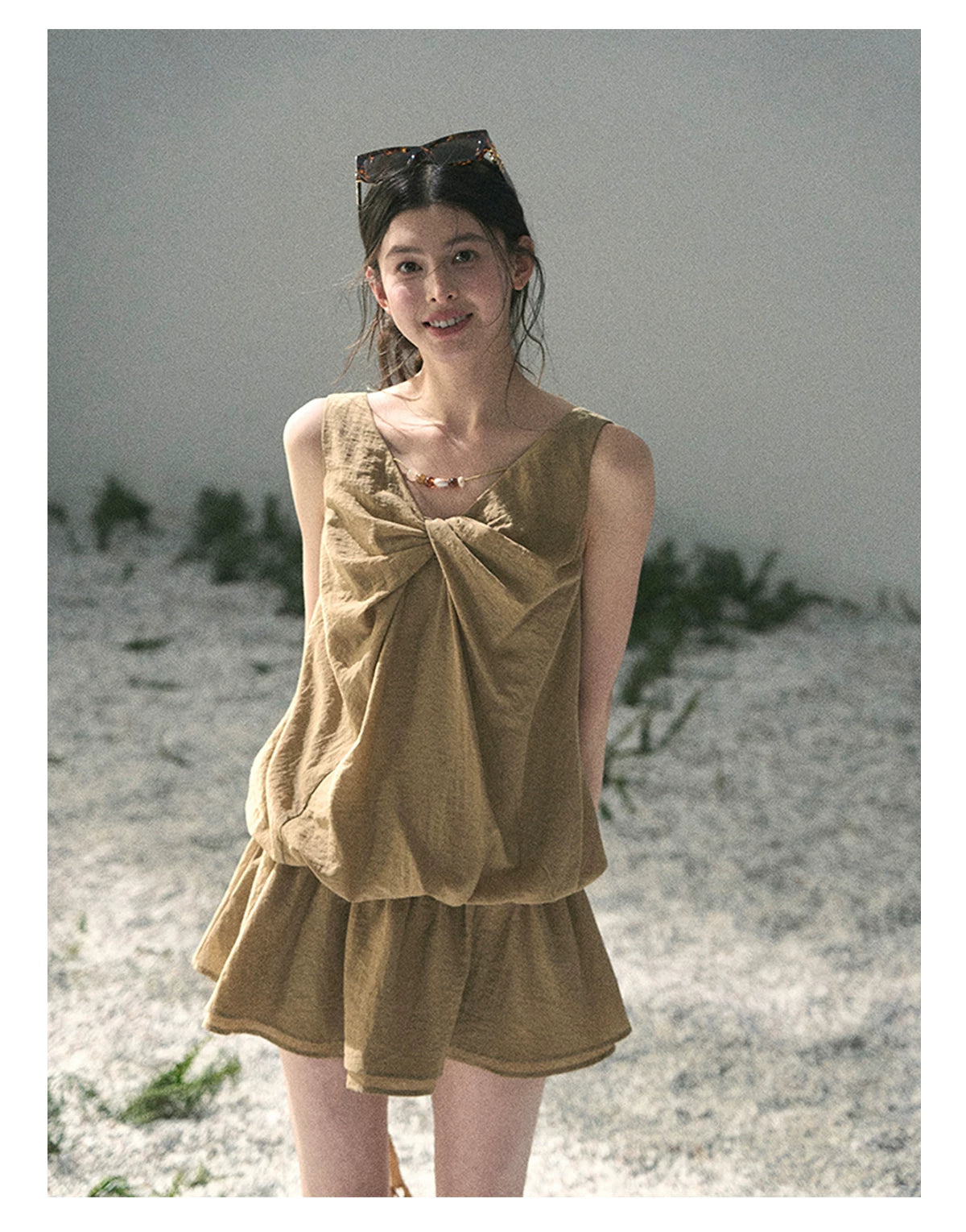 “Whispering Grass” Milk Tea Twist Mini Dress