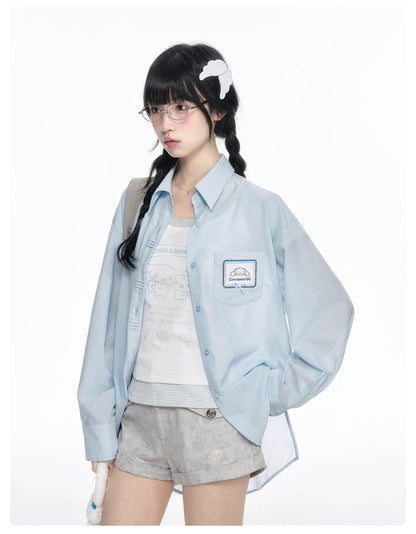 170726K "Campus Icons" Gray Purple Relaxed Polo Overshirt (Kuromi / My Melody / Cinnamoroll)