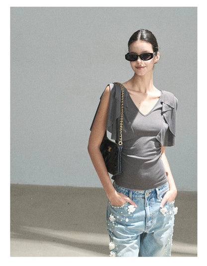 "Where Clouds Fall" Ruffle Sleeve V-Neck Crop Top (Forest Green/ Sage Gray/ Misty Blue/ Cinnamon Pink)