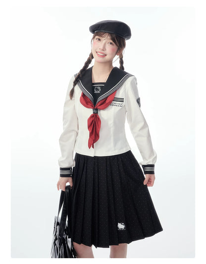 Slim-Fit Preppy Style Set - Sailor Collar Shirt / Front Box-Pleat Skirt / Polka Dot Skirt