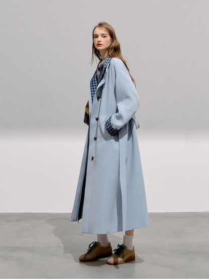 BOHOL BLING - Preppy Light Blue Plaid Wool Blend Long Coat