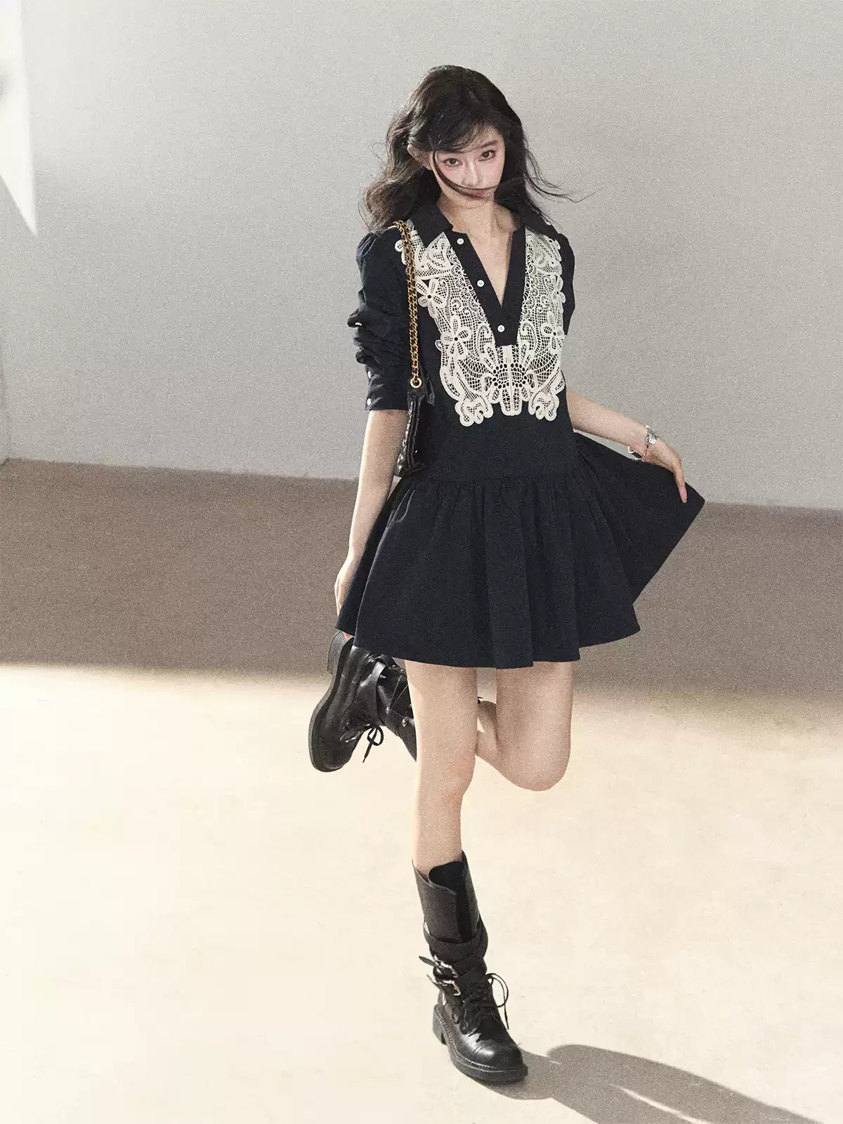 AOMALM - Navy French-Inspired Lace Shirt Mini Dress with Convertible Sleeves