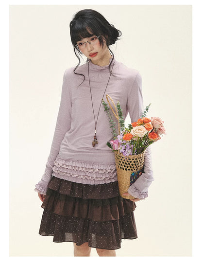 "Caramel Lace Notes" Brown Polka Dot Tiered Lace Midi Skirt