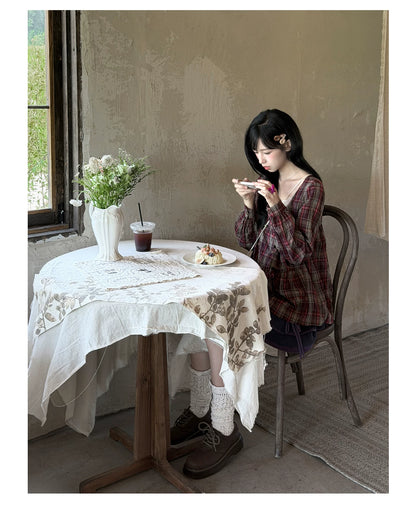 "Sage Whisper" Layered Vintage Collection (Plaid Shirt / Lace Cami / High-Waist Skirt)
