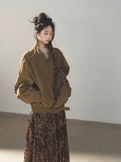 AOMALM - “Acorn & Fallen Leaves” Korean Leopard Print Chestnut Brown Faux Suede Jacket