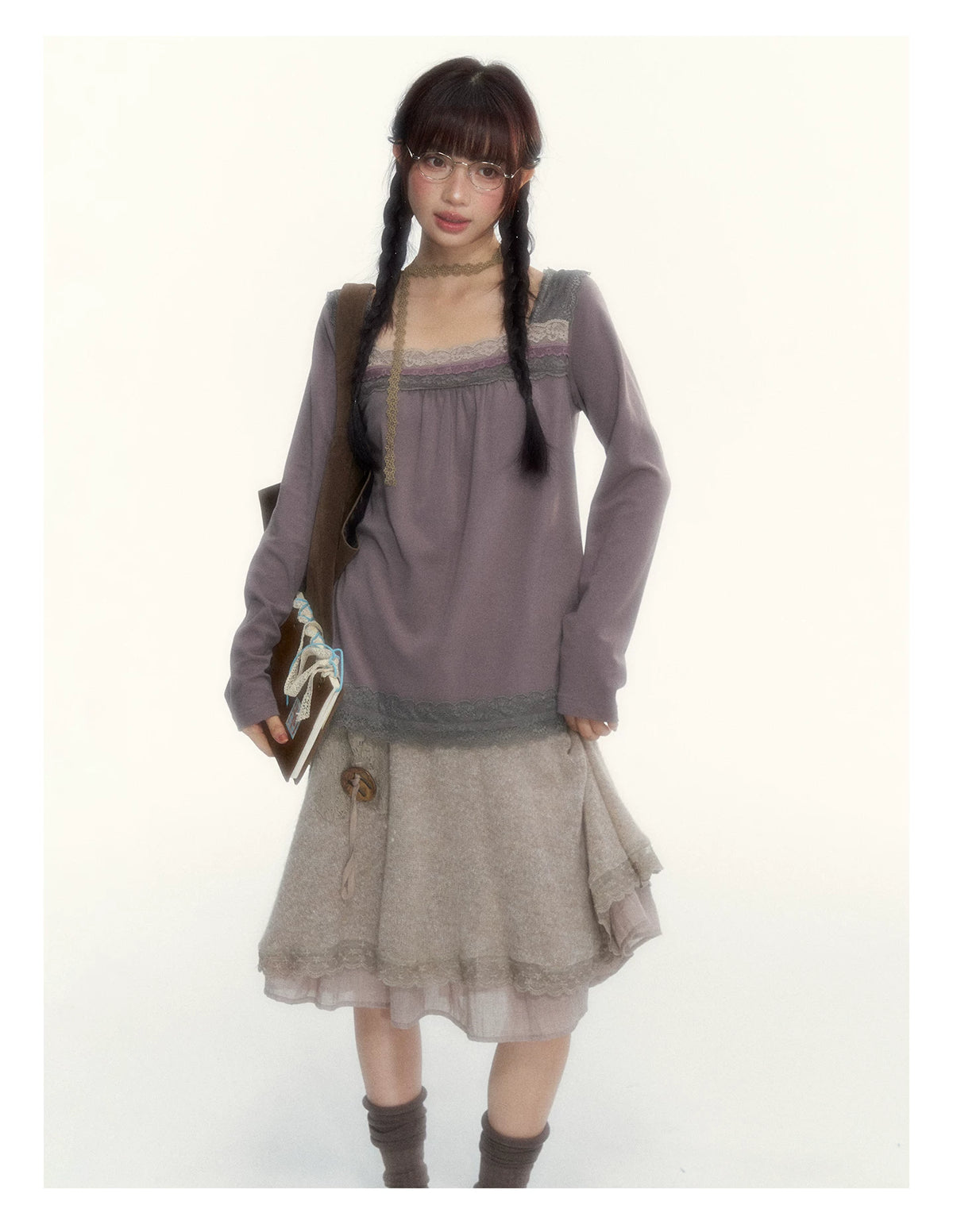 Gray Purple Lace-Trimmed Square-Neck Long-Sleeve T-Shirt