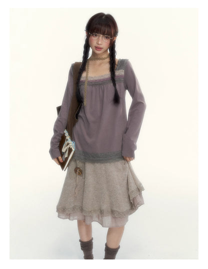 Gray Purple Lace-Trimmed Square-Neck Long-Sleeve T-Shirt