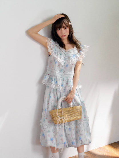 “Mint Blossom Isle” Blue Lace Trim Top & Bubble Hem Skirt