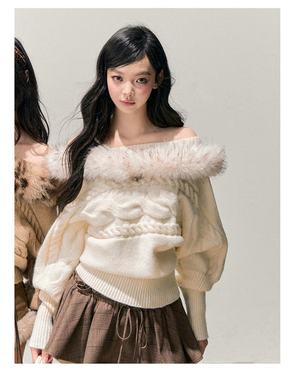 少也眼 “Tea-Scented Dusk” Off-Shoulder Mohair Sweater with Detachable Fur Trim 168459846