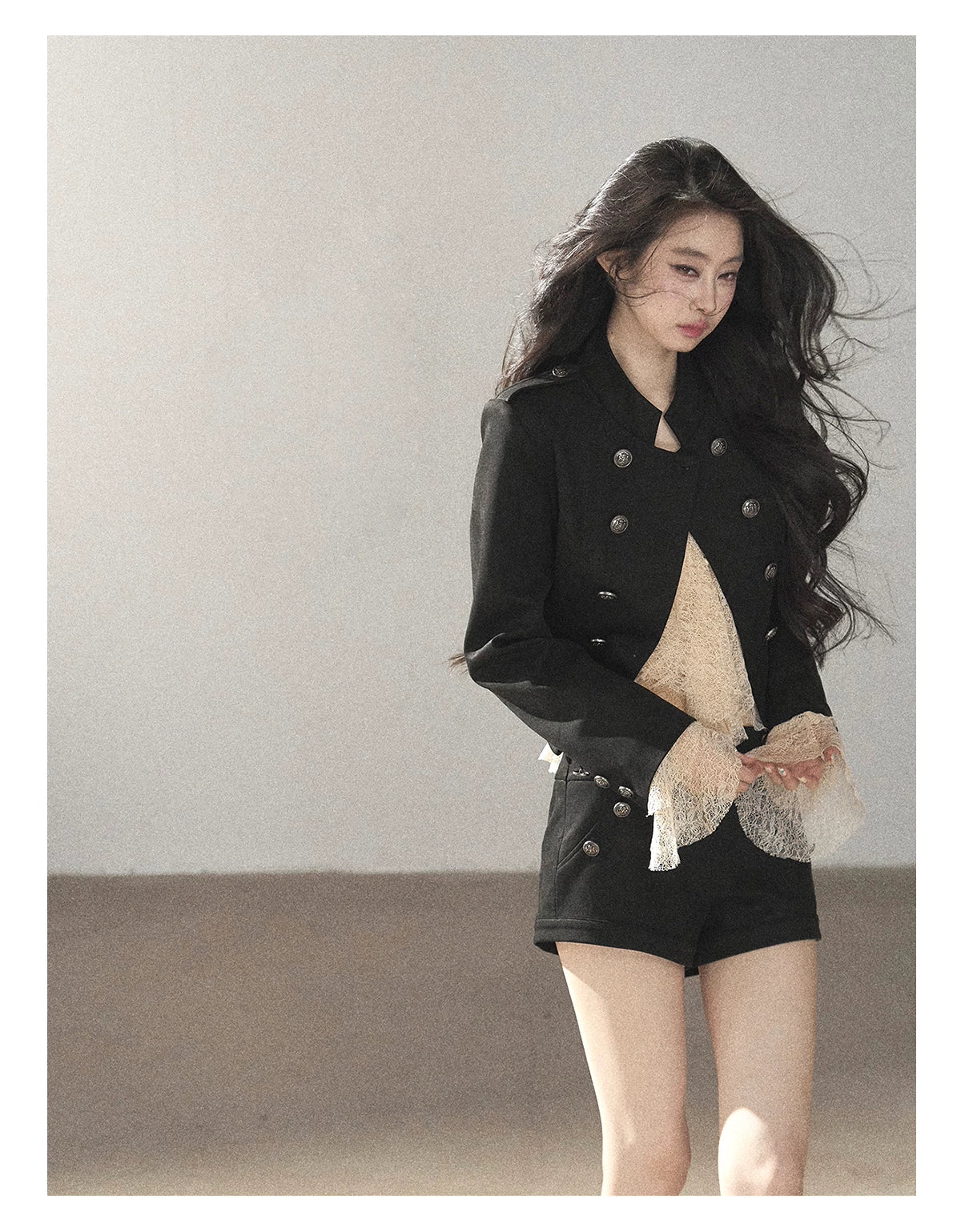 AOMALM - Black Napoleon-Style Jacket & Shorts Set with Milk Tea Top