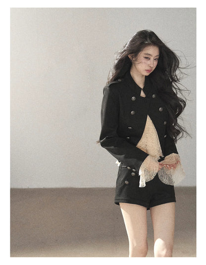 AOMALM - Black Napoleon-Style Jacket & Shorts Set with Milk Tea Top