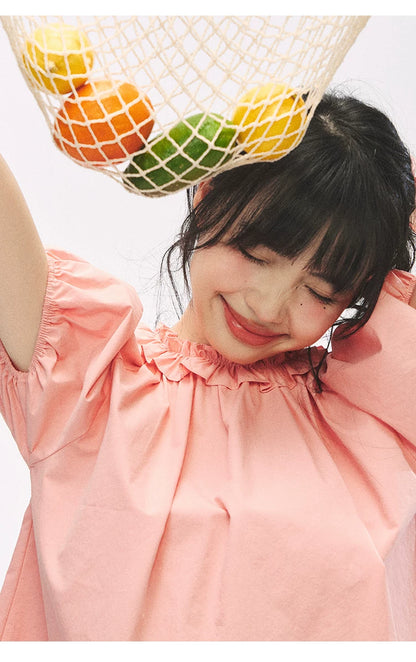 "Pink Grapefruit Bloom" Grapefruit Red Rose Puff Sleeve Blouse