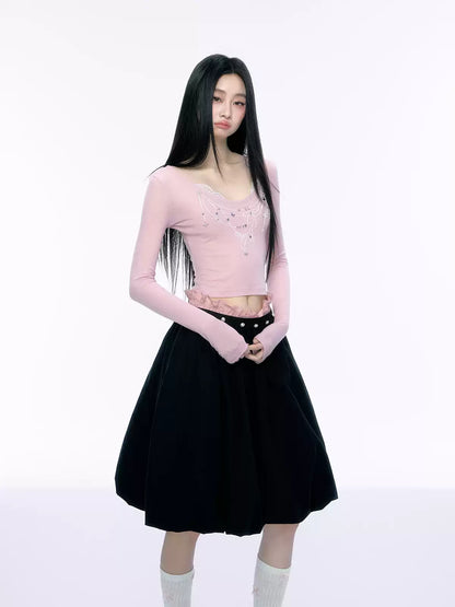 JN's DESIGN - Black Bubble Hem Skirt with Pearl Button Detail