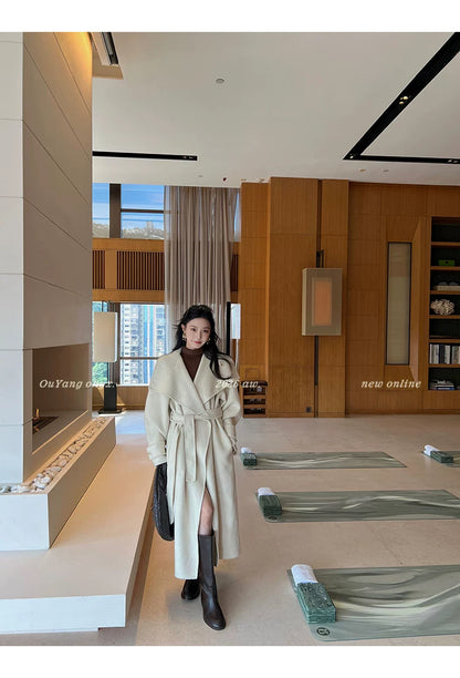 QuQuOuYang - 100% Wool Double-Face Belted Coat with Convertible Collar