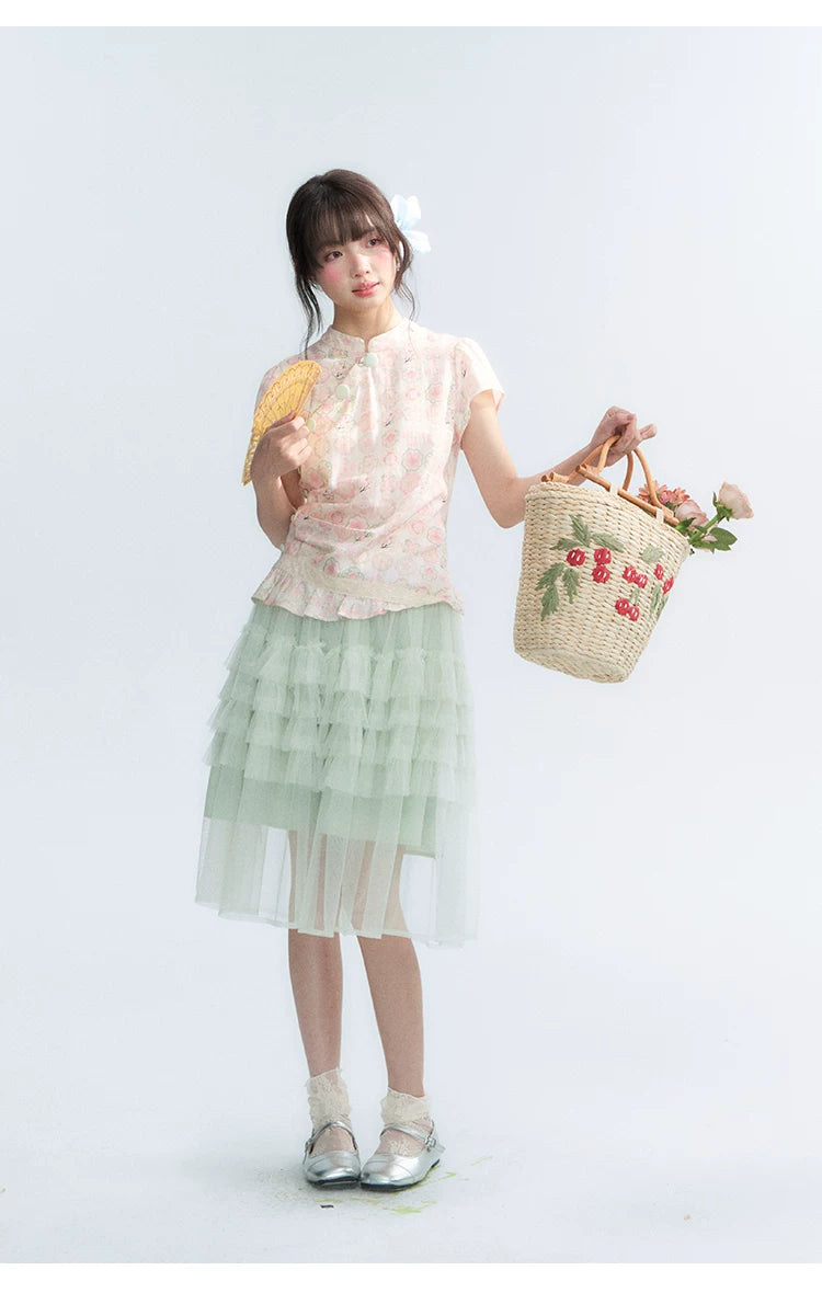"Lime Mille-Feuille Glow" Peach Mist Chinese-Inspired Short Sleeve Top & Lime Green Tulle Tiered Skirt Set