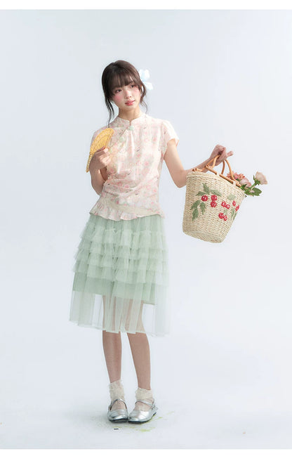 "Lime Mille-Feuille Glow" Peach Mist Chinese-Inspired Short Sleeve Top & Lime Green Tulle Tiered Skirt Set