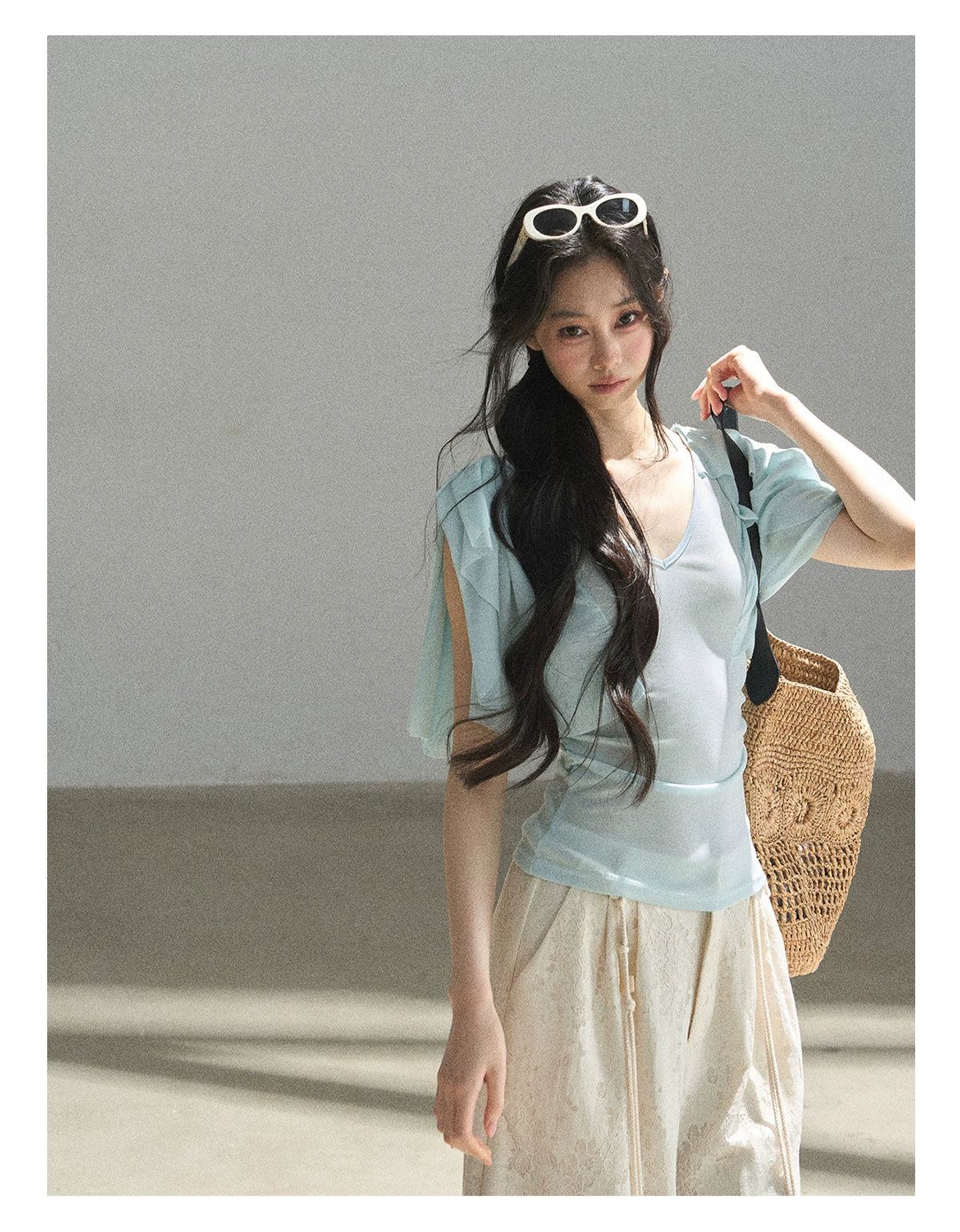 "Where Clouds Fall" Ruffle Sleeve V-Neck Crop Top (Forest Green/ Sage Gray/ Misty Blue/ Cinnamon Pink)