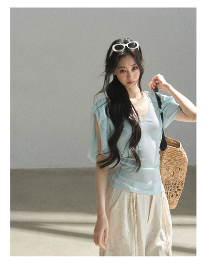 "Where Clouds Fall" Ruffle Sleeve V-Neck Crop Top (Forest Green/ Sage Gray/ Misty Blue/ Cinnamon Pink)
