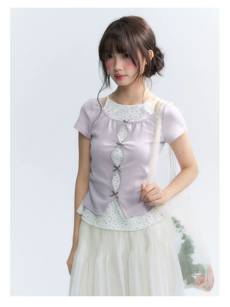 Korean Layered Bow Knit Short Sleeve T-Shirt in Violet