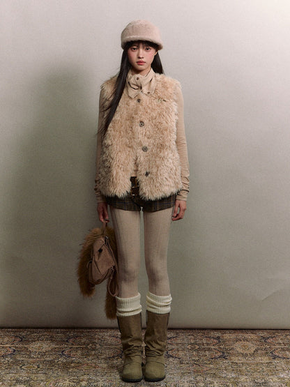 Soote Season - Korean Amber Brown Curly Faux-Fur Vest