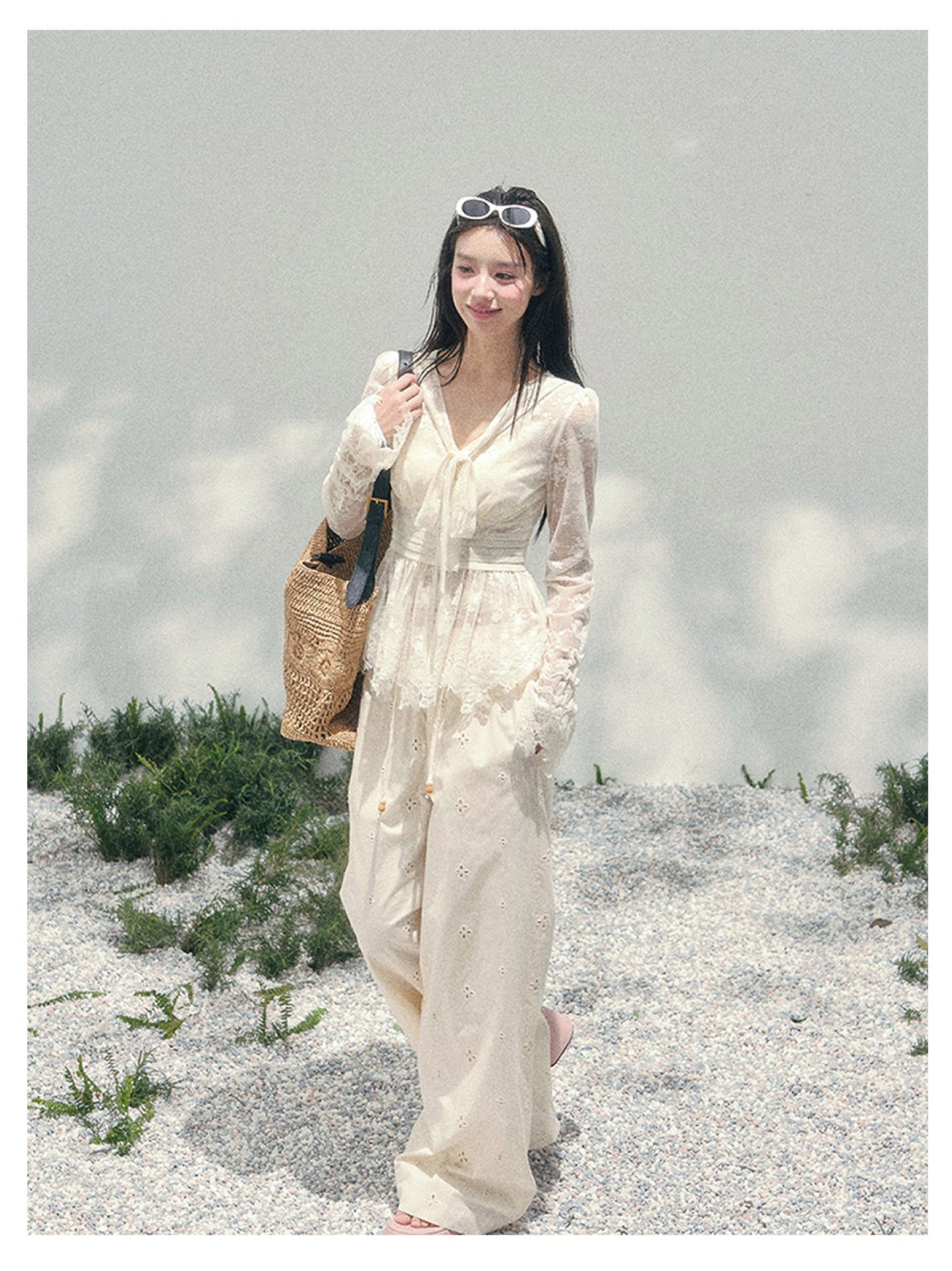 少也眼 “Lace’s Fading Dream” Sheer Lace V-Neck Cinched Top 53663788558