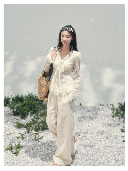 少也眼 “Lace’s Fading Dream” Sheer Lace V-Neck Cinched Top 53663788558