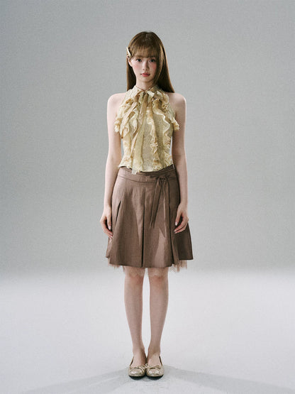 LOST FOREST - Warm Gold Acetate Lace Ruffle Halter Top