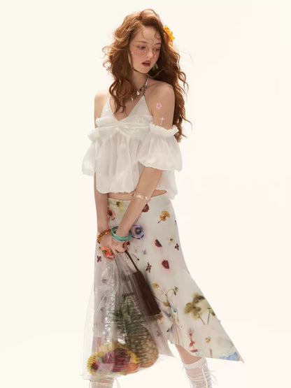 "Ethereal Blossom Veil" Puff Sleeve Layered Camisole Top – White WE925
